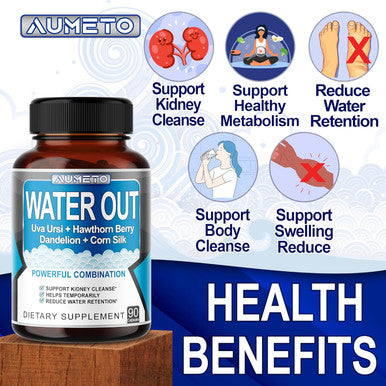 Aumeto Ultra Natural Water Out Pills with Uva Ursi Hawthorn Berry Dandelion Corn Silk - Full Body Cleanse and Kidney & Stomach Support (90 Count (Pack of 1))