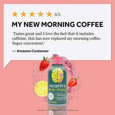 NEURIVA Brain Energy Supplement with Clinically Tested Neurofactor For Focus Concentration Vitamin B12 150mg of Caffeine For An Immediate Energy Boost 36ct Strawberry Lemonade Shots