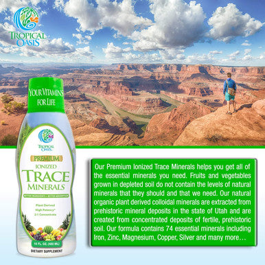 Tropical Oasis - Premium Ionized Plant Based Trace Minerals Liquid Formula- 74 Essential Minerals in Liquid Form for up to 98% Absorption - 16 oz, 32 Servings