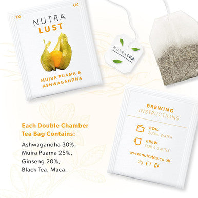 Nutra Tea NutraLust - Helping To Improve Passion & Stamina - Containing Ashwagandha Muira Puama and Ginseng - 40 Enveloped Tea Bags - by NutraTea - Herbal Tea - (2 Pack)