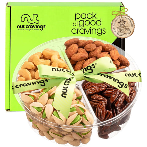 NUT CRAVINGS - Purim Mishloach Manot Mixed Nuts Gift Basket + Green Ribbon (7 Assortments, 1 LB) Ramadan Gifts Treats for Adults, Food Arrangement, Healthy Snack Care Package, Kosher