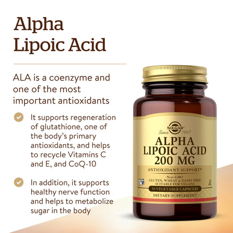 Solgar Alpha Lipoic Acid 200 Mg 50 Vegetable Capsules - Antioxidant Support - Helps To Recycle Glutathione Vitamin C & E Coq-10 - Non-Gmo Vegan Gluten Free Dairy Free Kosher 50 Servings