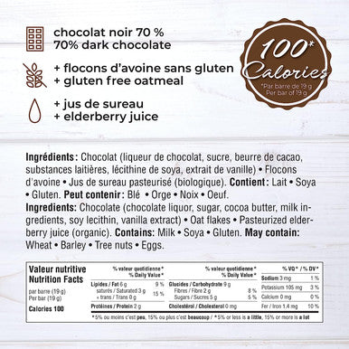 Isabelle Huot Docteure en nutrition - Barres chocolat noir 70% - Lot de 30 x 19 grammes
