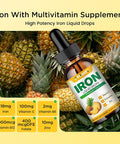 Liquid Iron Supplement For Women Men & Kids Multivitamin Iron Drops With Folate, Vitamin C, B6, B12, Zinc For Anemia, Iron Deficiency, Blood Builder, Energy - Natural Pineapple Flavor, Vegan 4 Fl Oz