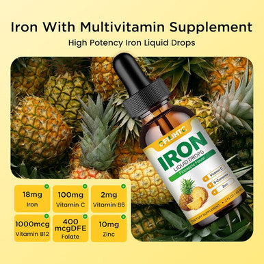 Liquid Iron Supplement For Women Men & Kids Multivitamin Iron Drops With Folate, Vitamin C, B6, B12, Zinc For Anemia, Iron Deficiency, Blood Builder, Energy - Natural Pineapple Flavor, Vegan 2 Fl Oz