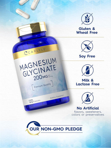Carlyle Magnesium Glycinate | 200mg | 120 Capsules | Non-GMO and Gluten Supplement