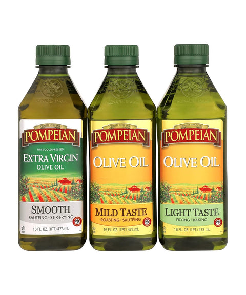 Pompeian Extra Virgin Olive Oil Variety Pack - Smooth EVOO, Gourmet Selection EVOO, Robust EVOO, Contains Polyphenols, First Cold Pressed, 16 Fl Oz, Pack of 3