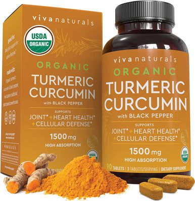 Organic Turmeric Curcumin Supplement 1,500mg (90 Tablets), Turmeric Curcumin with with Black Pepper for Superior Absorption, High Potency Standardized to 95% Curcuminoids, Joint Support