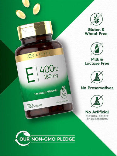 Carlyle Vitamin E Softgel Capsules 400 IU | 180mg | 300 Count | Non-GMO and Gluten Formula