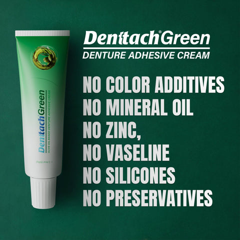 Denttach Green Denture Adhesive Petroleum Free Olive Oil Based Denture Cream For Full And Partial Dentures All Day Secure Hold Premium Denture Glue Zinc Free 2.4 Ounce
