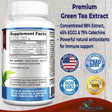 YUMMYVITE Green Tea Extract 98% - 3X Strength, 75% Polyphenol Catechins, 45% Egcg, Super Antioxidant - 60 Capsules