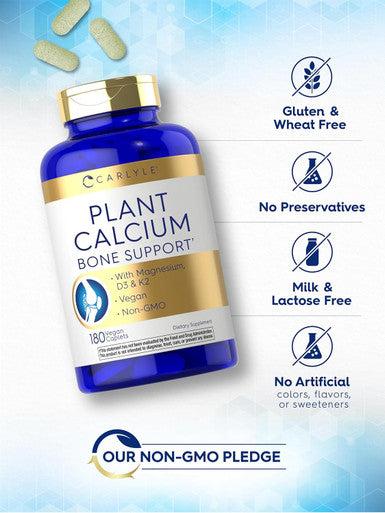 Carlyle Plant Based Calcium with Vitamin K2 D3 Magnesium | 180 Vegan Caplets | Bone Strength Supplement | Non-GMO & Gluten