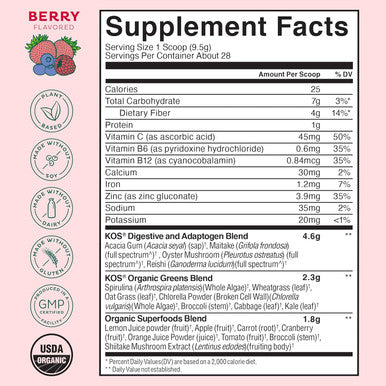 Kos Organic Superfood Greens Powder - Gut Health From Prebiotic Fiber, Supergreens And Adaptogens - Usda Certified Organic, Made In A Gmp Certified Facility - 28 Servings Berry