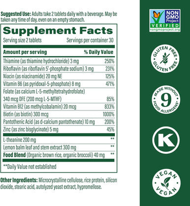 Megafood L-Theanine & Vitamin B Complex - 200 Mg L Theanine Supplement With B Complex Vitamins For Women & Men - Plus Lemon Balm Leaf & Zinc - Vegan, Gluten Free, Non-Gmo - 60 Tablets, 30 Servings