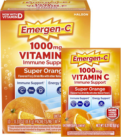 Emergen-C 1000mg Vitamin C Immune Support Powder Super Orange 10CT includes Zinc Manganese 7 B Vitamins and Electrolytes for Back to School Essentials