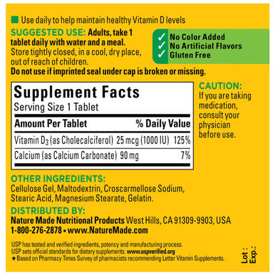 Nature Made Vitamin D3 100 Tablets Vitamin D 1000 Iu (25 Mcg) Helps Support Immune Health Strong Bones And Teeth & Muscle Function 125% Of The Daily Value For Vitamin D In One Daily Tablet