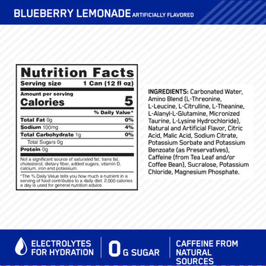 Optimum Nutrition Amino Energy Sparkling Hydration Drink Electrolytes Caffeine Amino Acids Bcaas Sugar Free Blueberry Lemonade 12 Fl Oz 12 Pack (Packaging May Vary)