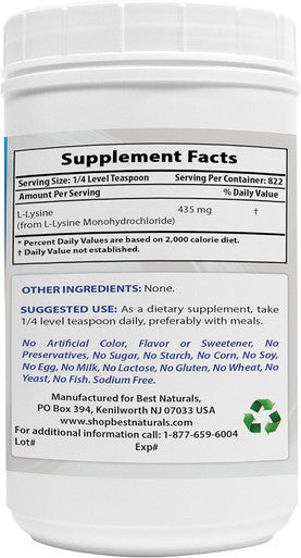 Best Naturals Lysine Powder 1 Pound - 100% Pure (1 LB (Pack of 1))
