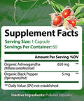 Built Nature Ashwagandha With Black Pepper For Max Absorption - Pure Organic Ashwagandha Powder Supplement, Non-Gmo, Gluten-Free & Gelatin Free - Stress, Mood, Focus, Immune & Thyroid Support - 60 Vegan Capsules