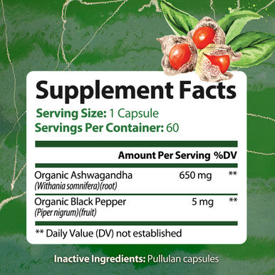 Built Nature Ashwagandha With Black Pepper For Max Absorption - Pure Organic Ashwagandha Powder Supplement, Non-Gmo, Gluten-Free & Gelatin Free - Stress, Mood, Focus, Immune & Thyroid Support - 60 Vegan Capsules