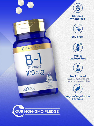 Carlyle Vitamin B-1 | 100mg | 300 Tablets | Non-GMO and Gluten Thiamin Supplement