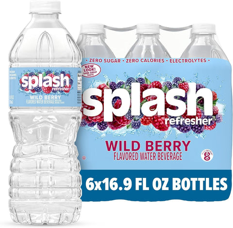 SPLASH REFRESHER Flavored Water Bottles, Wild Berry Flavor - 6 Pack | Refreshing Flavored Bottled Water with Electrolytes - Zero Sugar & Zero Calories - 16.9 Fl Oz