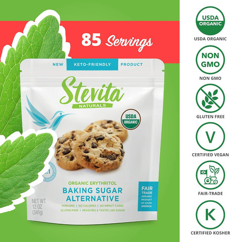 Stevita Organic Erythritol BakeItBetter Pouch 12 oz Baking Sugar Alternative with Stevia & Erythritol No Calories USDA Organic NonGMO Vegan Keto Paleo Gluten