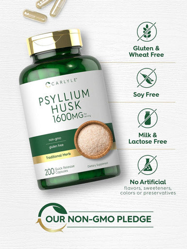 Carlyle Psyllium Husk Capsules 1600mg | 200 Count | High Potency Fiber Supplement | Non-GMO Gluten