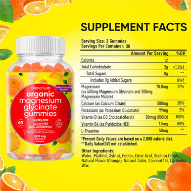 Magnesium Glycinate Chewable Gummies (600Mg) For Kids & Adults Women Men - Vegan Complex With Calcium Potassium Vitamin D B6 L-Theanine - Sugar & Gluten - Orange Flavor