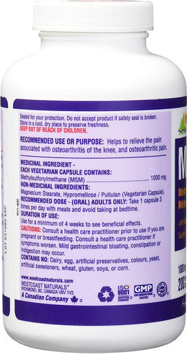 WESTCOAST NATURALS MSM 200 Capsules, for bone and joint health.