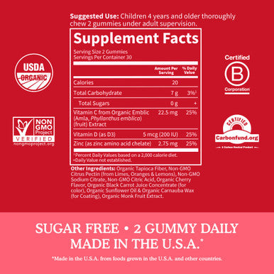 Garden of Life Kids Immune Support Gummies With Vitamin C D As D3 & Zinc For 3-In-1 Daily Children S Immunity Organic Non-Gmo Gluten-Free Vegetarian Sugar Free Cherry Flavor 30 Day Supply