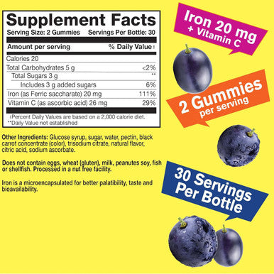 Iron Gummies With Vitamin C -Anemia And Cellular Energy Support, Promotes Red Blood Cell Formation - Energy & Immune System Support -Natural Grape Flavor-60 Gummies