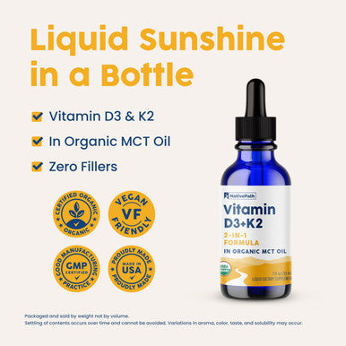NativePath D3K2 Tincture - 1000IU Vitamin D3 and Vitamin K2 Supplement with Organic MCT Oil - 1 Fluid Ounce - Rapid Bioavailability Multi-Vitamin for Bone Strength and Total Body Wellness 30 Servings