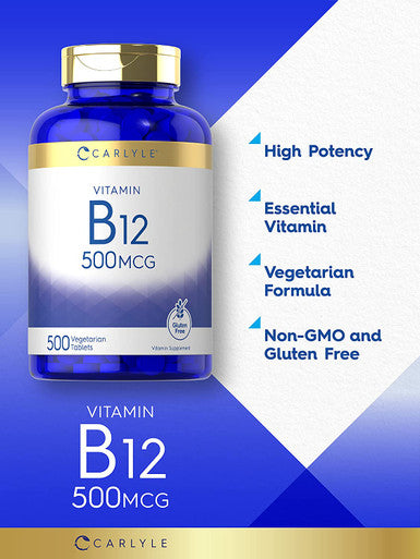 Carlyle Vitamin B12 500mcg | 500 Tablets | Vegetarian, Non-GMO, Gluten Free