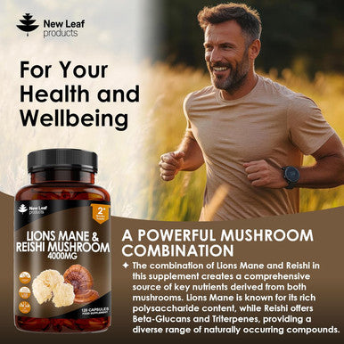 Lions Mane & Reishi Mushroom Capsules - High Strength 4000Mg Lions Mane Supplement With Reishi - 120 Vegan Lions Mane Mushroom Powder + Reishi Mushroom Capsules - Made In Uk By Leaf