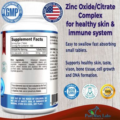 YUMMYVITE Zinc Citrate/Oxide 50Mg - Immune Support & Antioxidant Supplement, Skin Health Support - 100 Tablets