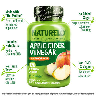 NATURELO Apple Cider Vinegar Capsules - ACV with Mother Supplement for Men & Women for Detox, Cleanse and Weight Management - 120 Vegan Capsules