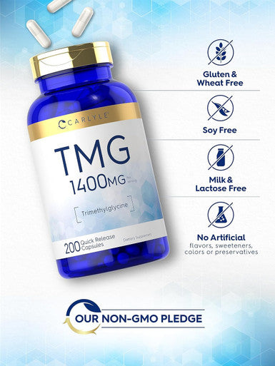 Carlyle TMG 1400mg | 200 Trimethylglycine Quick Release Capsules | Non-GMO & Gluten Supplement