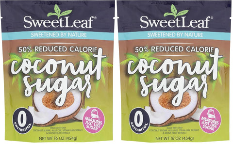SweetLeaf 50% Reduced Calorie Coconut Sugar with Allulose, Stevia and Monk Fruit Extract - All Purpose Natural Sweetener, Non GMO, Vegan, Gluten Free, Only 8 Calories Per Serving - 16 Oz (Pack of 2)