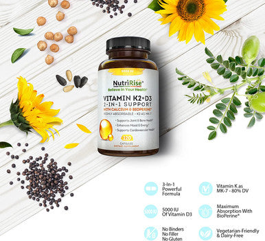 Vitamin K2 D3 Supplement with Calcium 5000 IU GlutenFree Immune Energy Support Vegetarian Capsules to Support Joint Comfort Maximum Potency Absorption with BioPerine