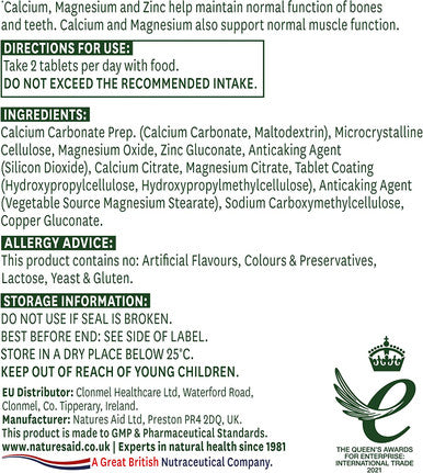 Natures Aid Calcium Magnesium and Zinc Maintain Normal Bones Teeth and Muscle Function Vegan 90 Tablets