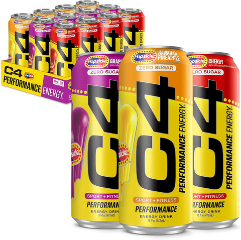 C4 Performance Energy Drink, Cherry Popsicle, Zero Sugar Carbonated Preworkout Energy, 200mg Caffeine with Beta Alanine, 16 Fl Oz (12 Pack)