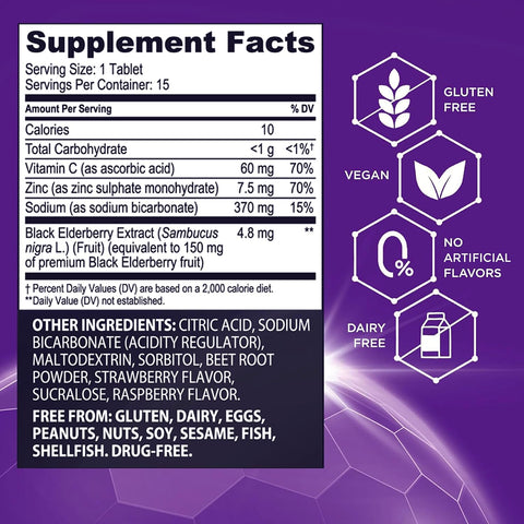 Sambucol Black Elderberry Effervescent Tablets - Elderberry With Zinc And Vitamin C For Adults Elderberry Dissolving Tablets Berries - 15 Count