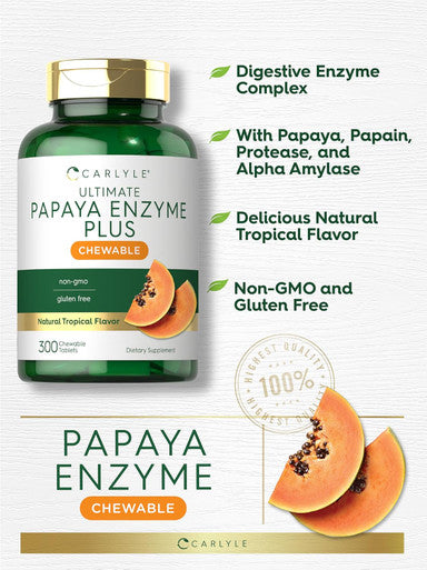 Carlyle Papaya Enzyme Chewable Tablets | Vegetarian Non-GMO Gluten Formula | Tropical Flavor