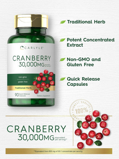 Carlyle Cranberry Supplement | 30000mg | 90 Capsules | Non-GMO and Gluten Formula | Cranberry Pills from Concentrate Extract