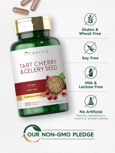 Carlyle Tart Cherry and Celery Seed Supplement | 200 Capsules | Vegetarian Non-GMO and Gluten