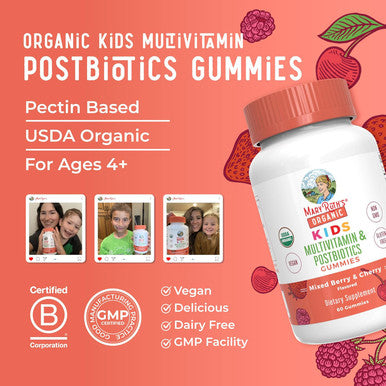 Maryruth Organics Kids Vitamins USDA Organic Kids Multivitamin Gummies + Postbiotics for Ages 4+ Multivitamin for Kids with Lactobacillus Rhamnosus Vitamins for Kids Vegan Non-GMO 60 Count