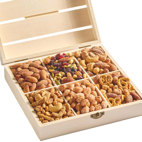NUT CRAVINGS - Purim Mishloach Manot Mixed Nuts Gift Basket in Red Gold Box (7 Assortments, 1 LB) Ramadan Gifts Treats for Adults, Food Arrangement, Healthy Snack Care Package, Kosher