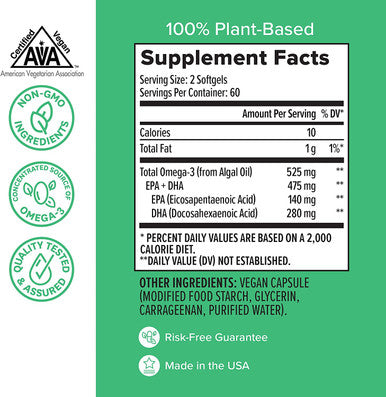Zenwise Vegan Omega3 Plant Based Fish Oil Alternative Marine Algal Source for EPA and DHA Fatty Acids Burpless Supplement for Brain Health Joint Support Immune System Heart Skin 120 ct