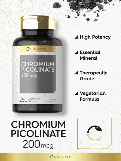 Carlyle Chromium Picolinate 200mcg | 250 Tablets | Vegetarian Non-GMO Gluten Supplement